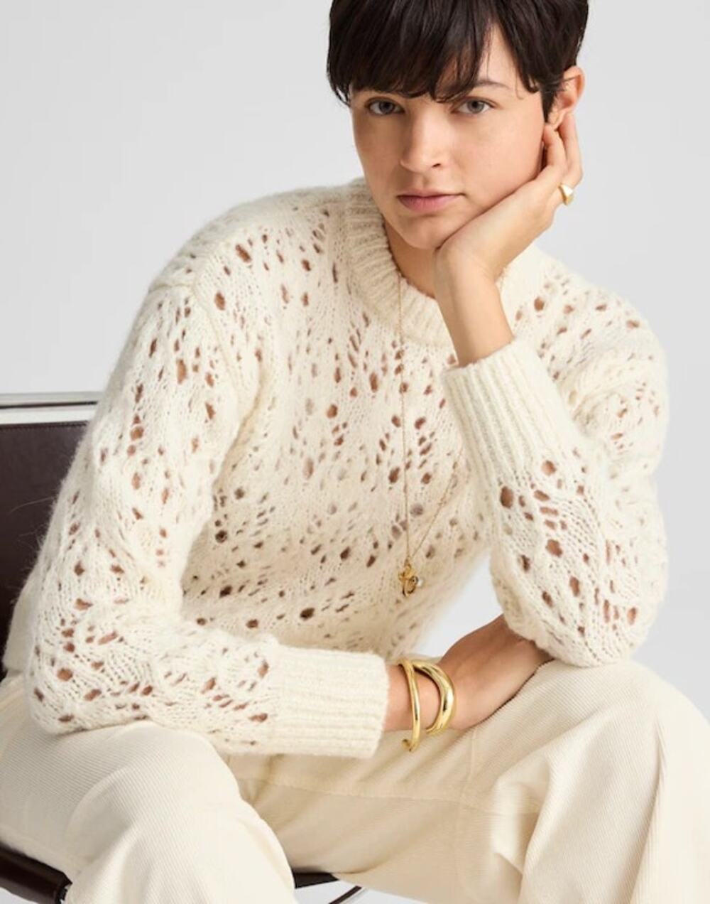 Madewell Pointelle-Stitch Drop-Shoulder Sweater ivory Crewneck Relaxed Small NWT